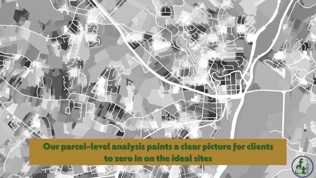Screenshot of a black and white map which demonstrates suitability of parcels in a GIS Site Selection Analysis
